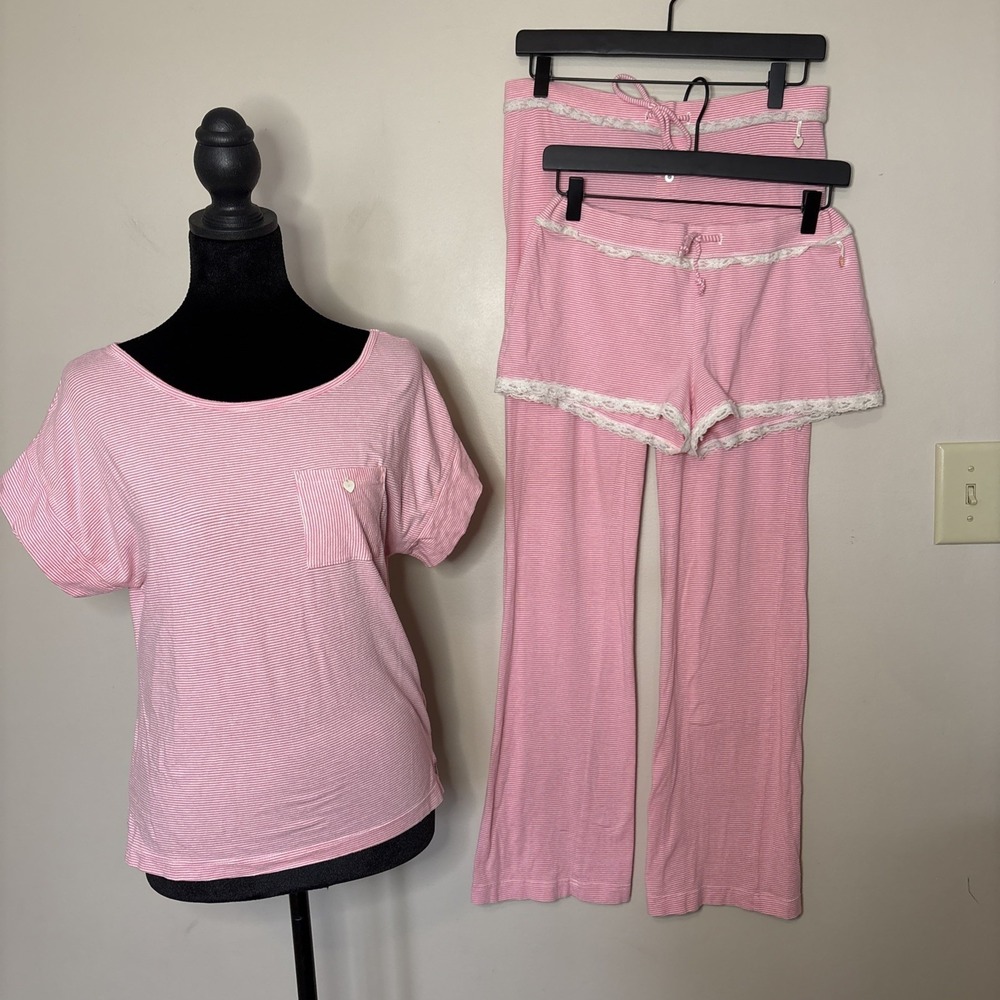 Juicy Couture 3-Piece Pajama Loungewear Set‎ Shirt Shorts Pants Lace Trim Small